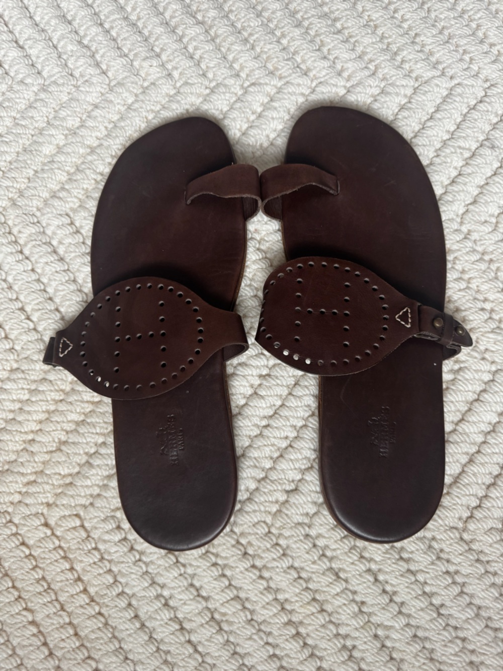 Hermes Brown Leather Studded Toe-Post Sandals
